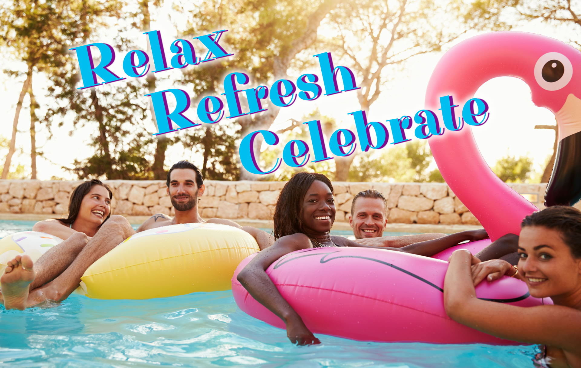 Calimojo friends relaxing in a pool with inflatables, relax, refresh, celebrate